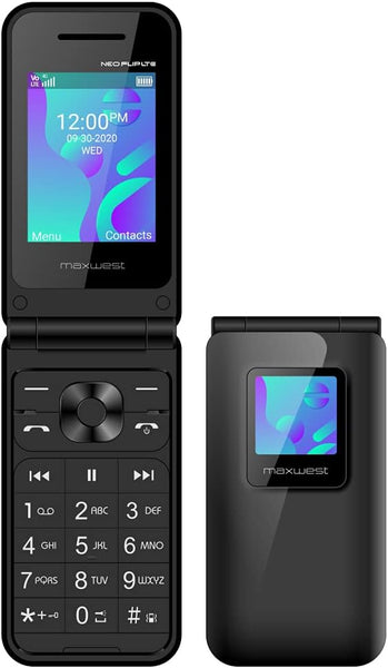 Maxwest Neo Flip Phone 4G LTE Volte 4G Dual Nano Sim GSM Unlocked Black/White. Brand New (SKU: Mob-unoflip)